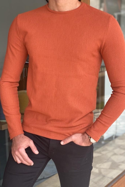 Orange Slim Fit Crewneck Sweatshirt for Men by Gentwith.com with Free Worldwide Shipping