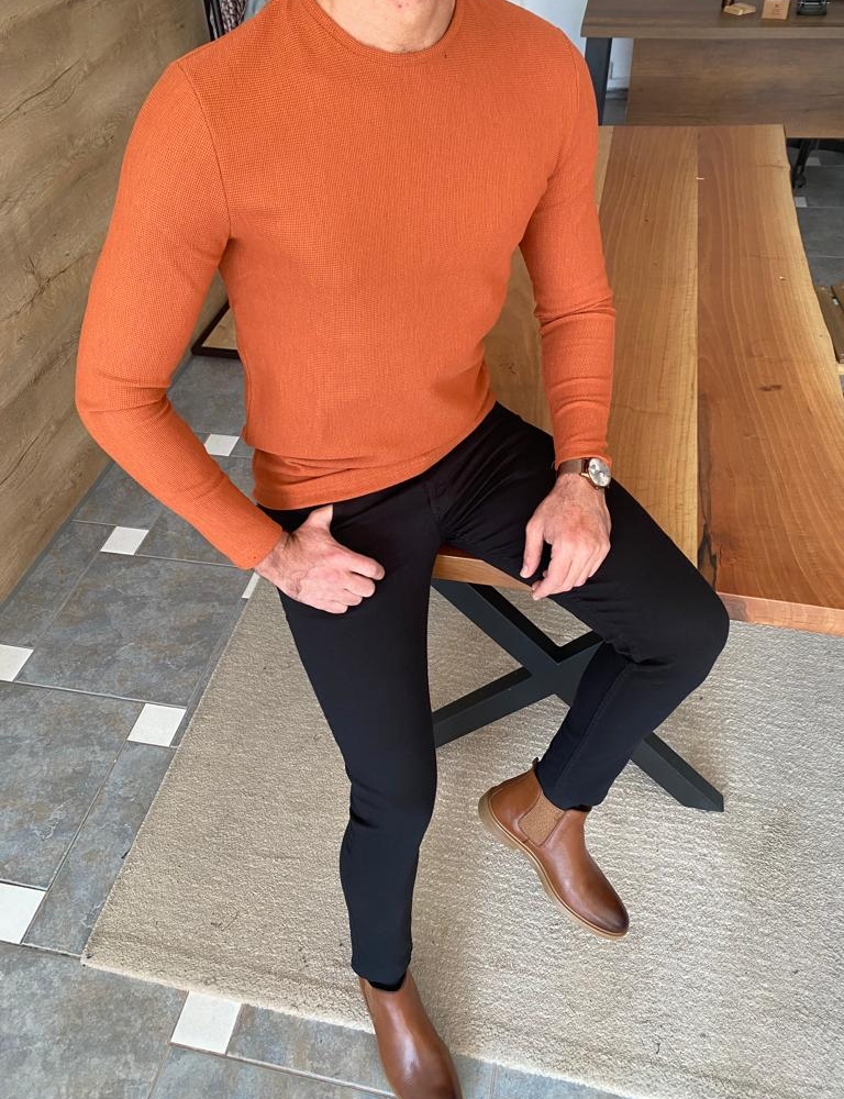 Orange Slim Fit Crewneck Sweatshirt for Men by Gentwith.com with Free Worldwide Shipping
