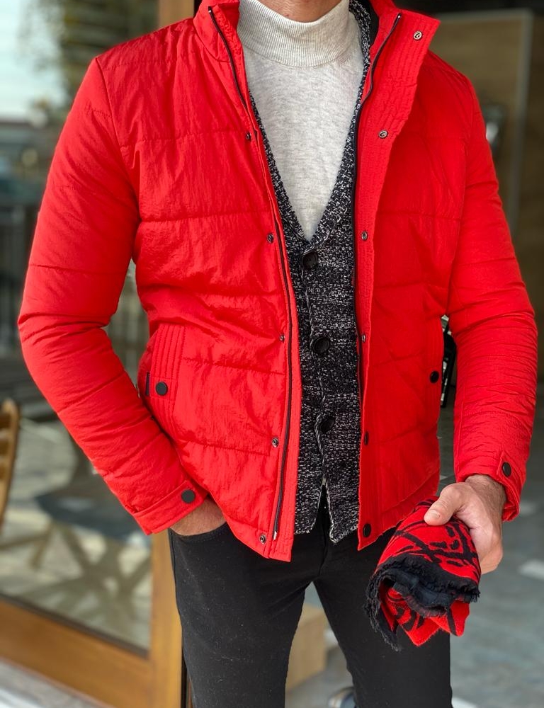 Red Slim Fit Quilted Jacket for Men by Gentwith.com with Free Worldwide Shipping