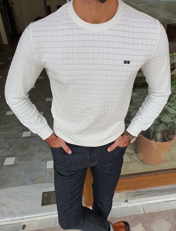 GentWith Lawton White Slim Fit Crew Neck Patterned Sweater 