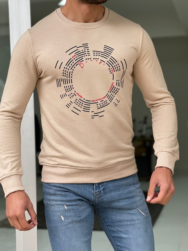 Beige Slim Fit Long Sleeve Sweatshirt for Men by Gentwith.com with Free Worldwide Shipping