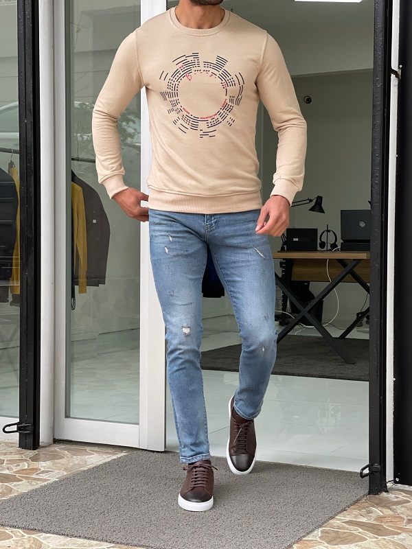 renere Parcel skulder Beige Slim Fit Long Sleeve T-Shirt for Men by GentWith.com