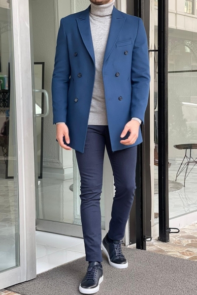 Blue Slim Fit Double Breasted Wool Long Coat for Men by Gentwith.com with Free Worldwide Shipping