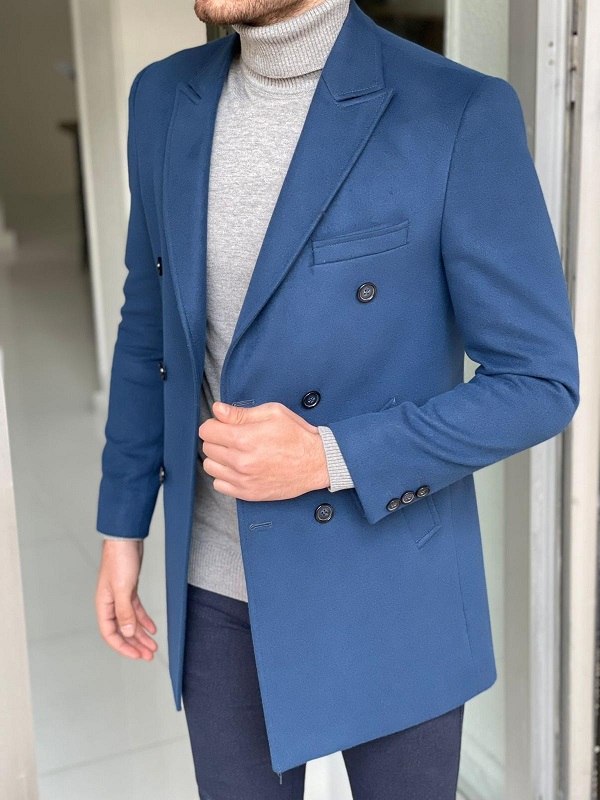 GentWith Owensboro Blue Slim Fit Double Breasted Wool Long Coat 