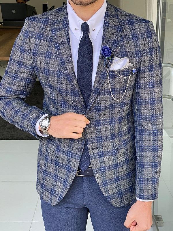 Blue Slim Fit Peak Lapel Wool Plaid Blazer for Men by Gentwith.com with Free Worldwide Shipping