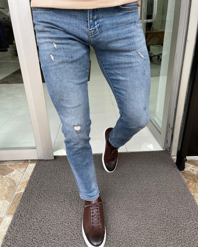 Blue Slim Fit Ripped Jeans for Men by Gentwith.com with Free Worldwide Shipping