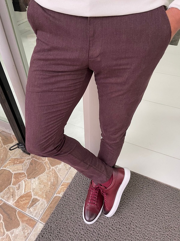 Burgundy Slim Fit Cotton Lycra Pants for Men by