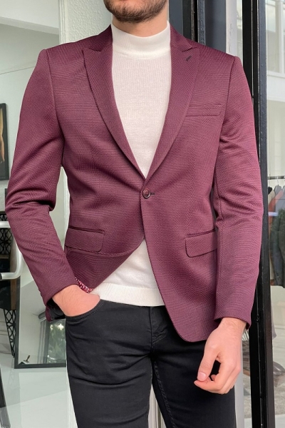 Burgundy Slim Fit Peak Lapel Wool Blazer for Men by Gentwith.com with Free Worldwide Shipping