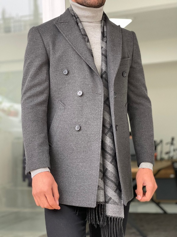 Gray Slim Fit Double Breasted Wool Long Coat for Men by Gentwith.com with Free Worldwide Shipping