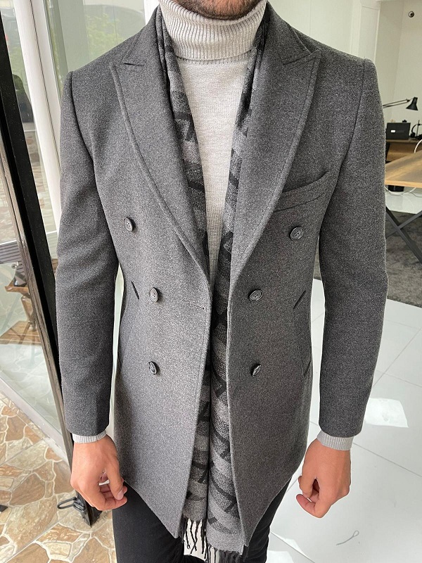 GentWith Owensboro Dark Gray Slim Fit Double Breasted Wool Long Coat ...