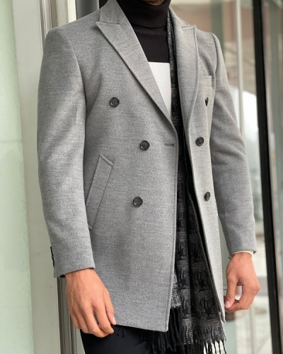 Gray Slim Fit Double Breasted Wool Long Coat for Men by Gentwith.com with Free Worldwide Shipping