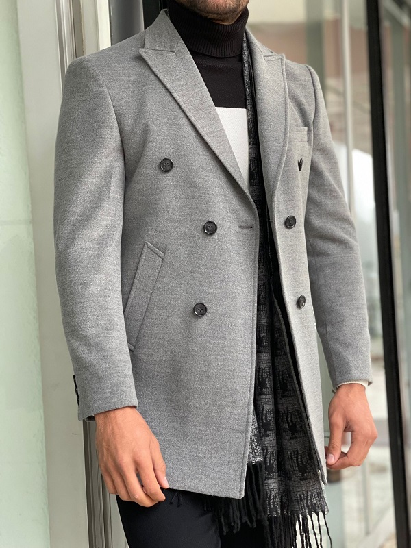 GentWith Owensboro Gray Slim Fit Double Breasted Wool Long Coat 