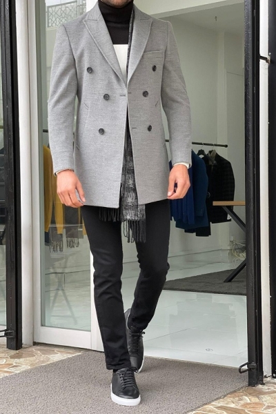 Gray Slim Fit Double Breasted Wool Long Coat for Men by Gentwith.com with Free Worldwide Shipping