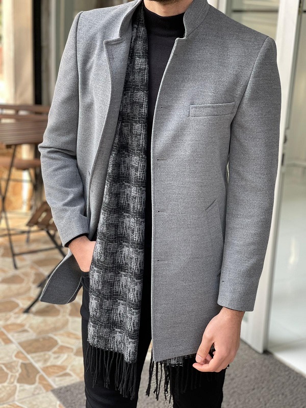 Gray Slim Fit Judge Collar Wool Long Coat for Men by Gentwith.com with Free Worldwide Shipping