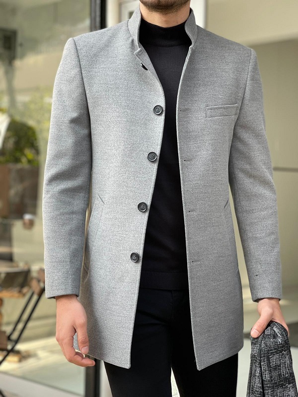 GentWith Owensboro Gray Slim Fit Judge Collar Wool Long Coat - GENT WITH