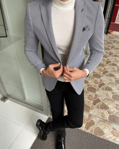 Gray Slim Fit Peak Lapel Wool Blazer for Men by Gentwith.com with Free Worldwide Shipping