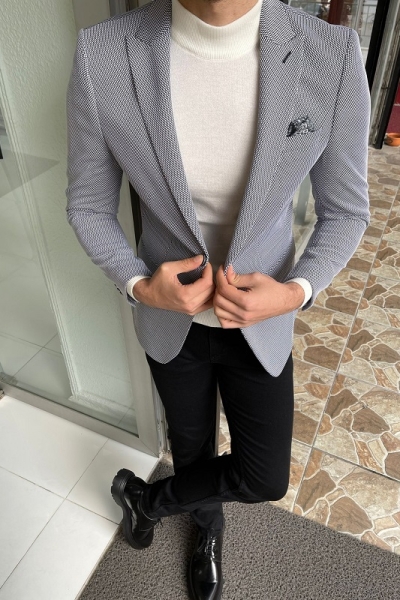 Gray Slim Fit Peak Lapel Wool Blazer for Men by Gentwith.com with Free Worldwide Shipping