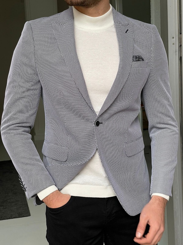 Gray Slim Fit Peak Lapel Wool Blazer for Men by Gentwith.com with Free Worldwide Shipping