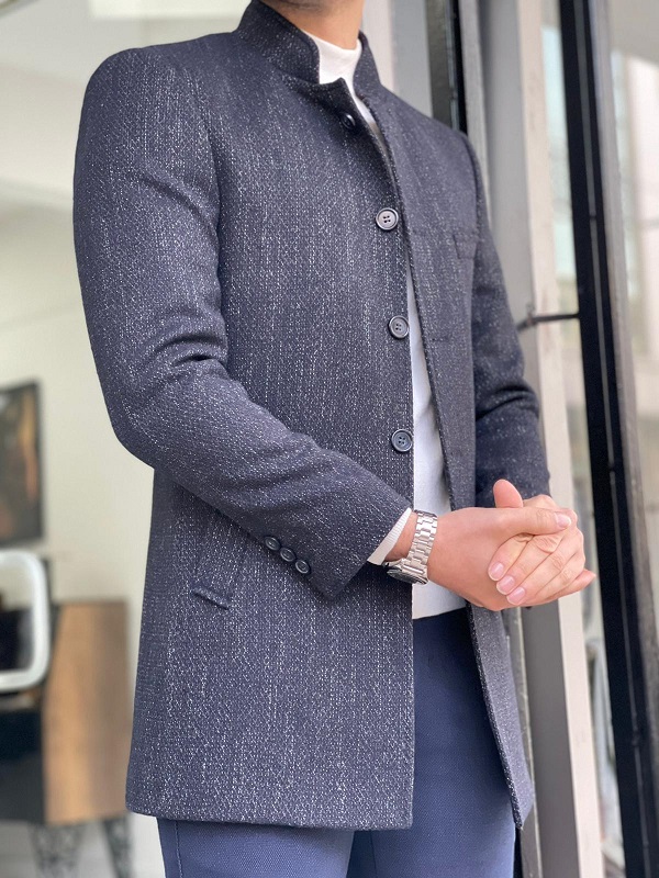 GentWith Hazard Navy Blue Slim Fit Judge Collar Wool Long Coat - GENT WITH