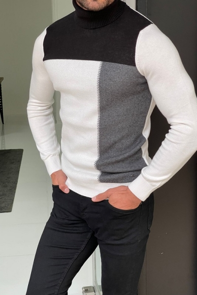 White Slim Fit Turtleneck Sweater for Men by Gentwith.com with Free Worldwide Shipping