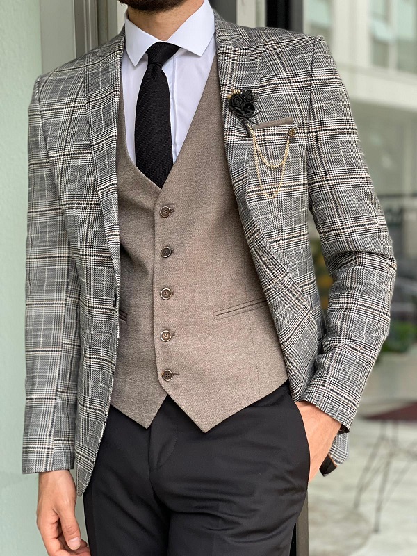 Gray Slim Fit Peak Lapel Plaid Wool Suit for Men by Gentwith.com with Free Worldwide Shipping