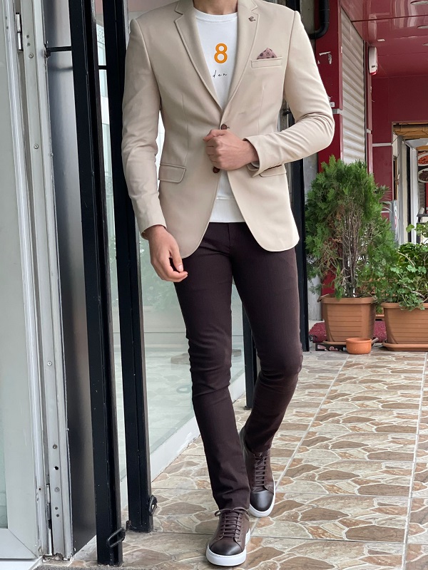 Beige Slim Fit Cotton Blazer by