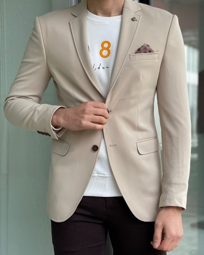 Beige Slim Fit Cotton Blazer for men for Men by Gentwith.com with Free Worldwide Shipping