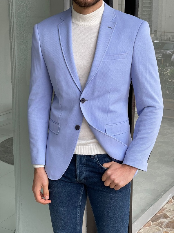 Blue Slim Fit Cotton Blazer for men for Men by Gentwith.com with Free Worldwide Shipping
