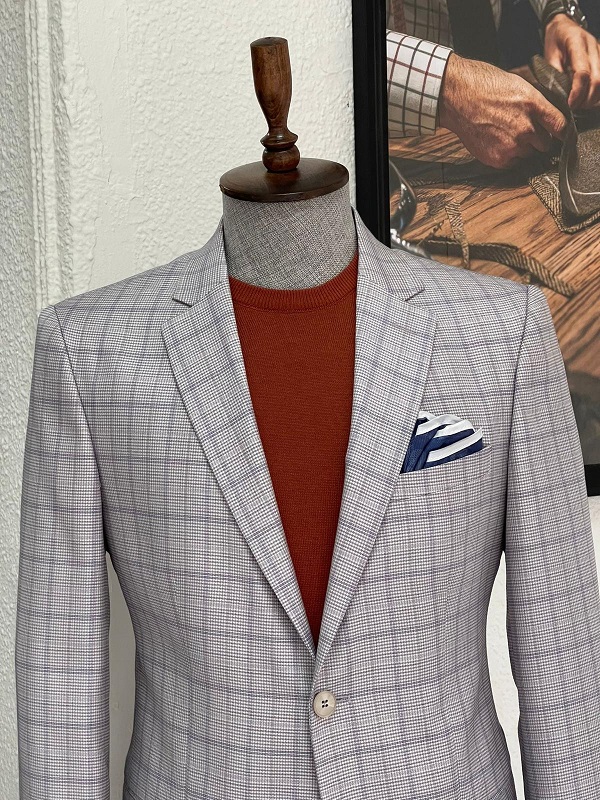 Gray Slim Fit Plaid Blazer for Men by Gentwith.com with Free Worldwide Shipping