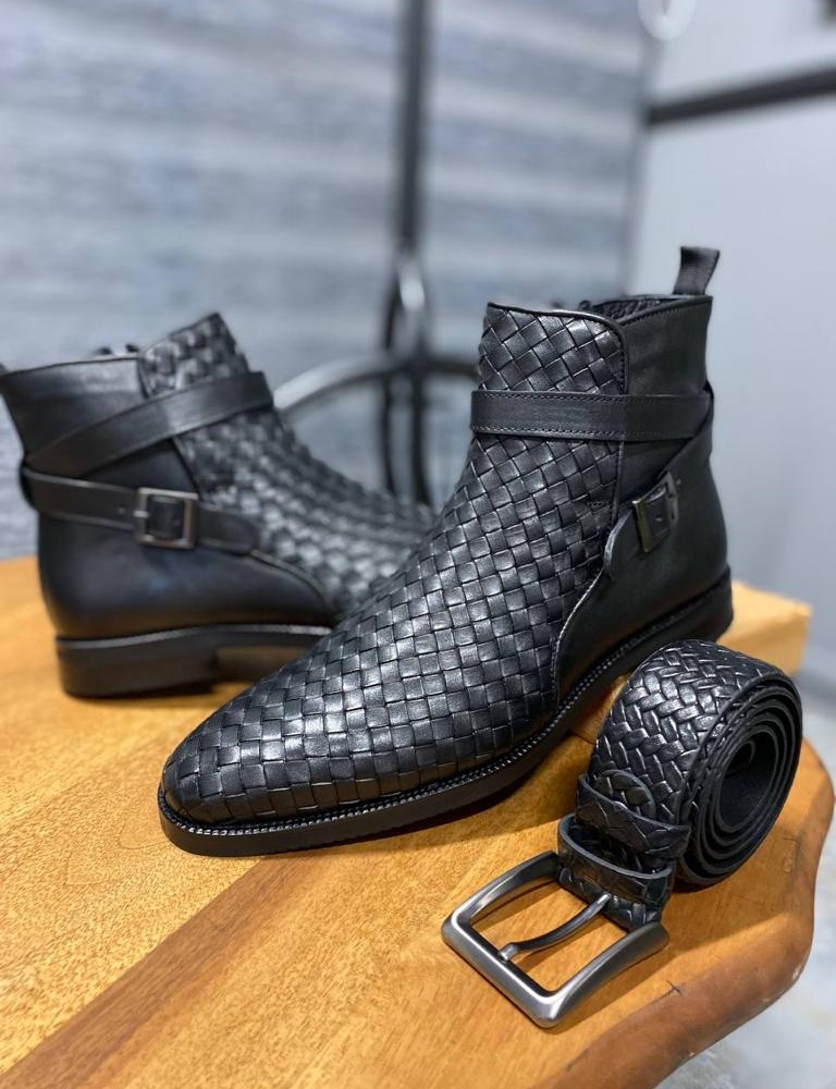 Black Woven Leather Buckle Chelsea Boots for Men by Gentwith.com with Free Worldwide Shipping