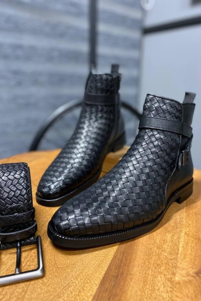 Black Woven Leather Buckle Chelsea Boots for Men by Gentwith.com with Free Worldwide Shipping