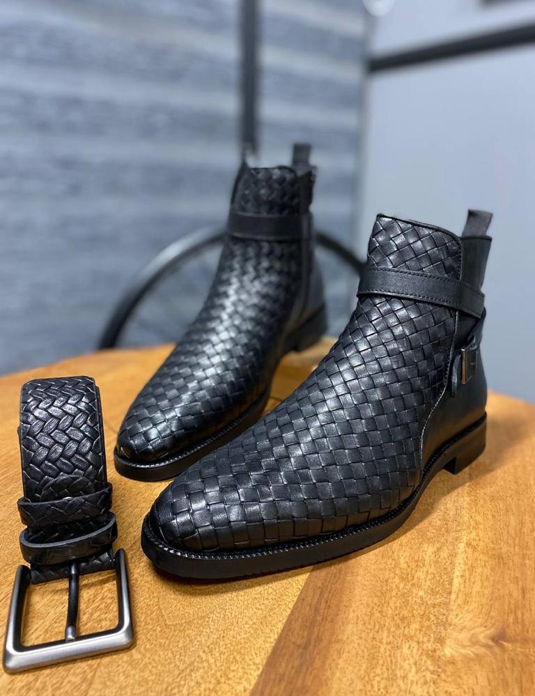 Black Woven Leather Buckle Chelsea Boots for Men by Gentwith.com with Free Worldwide Shipping