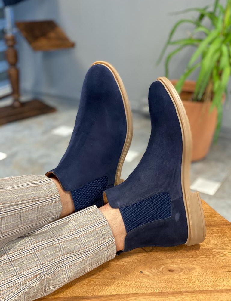 Navy Blue Suede Chelsea Boots for Men by Gentwith.com with Free Worldwide Shipping