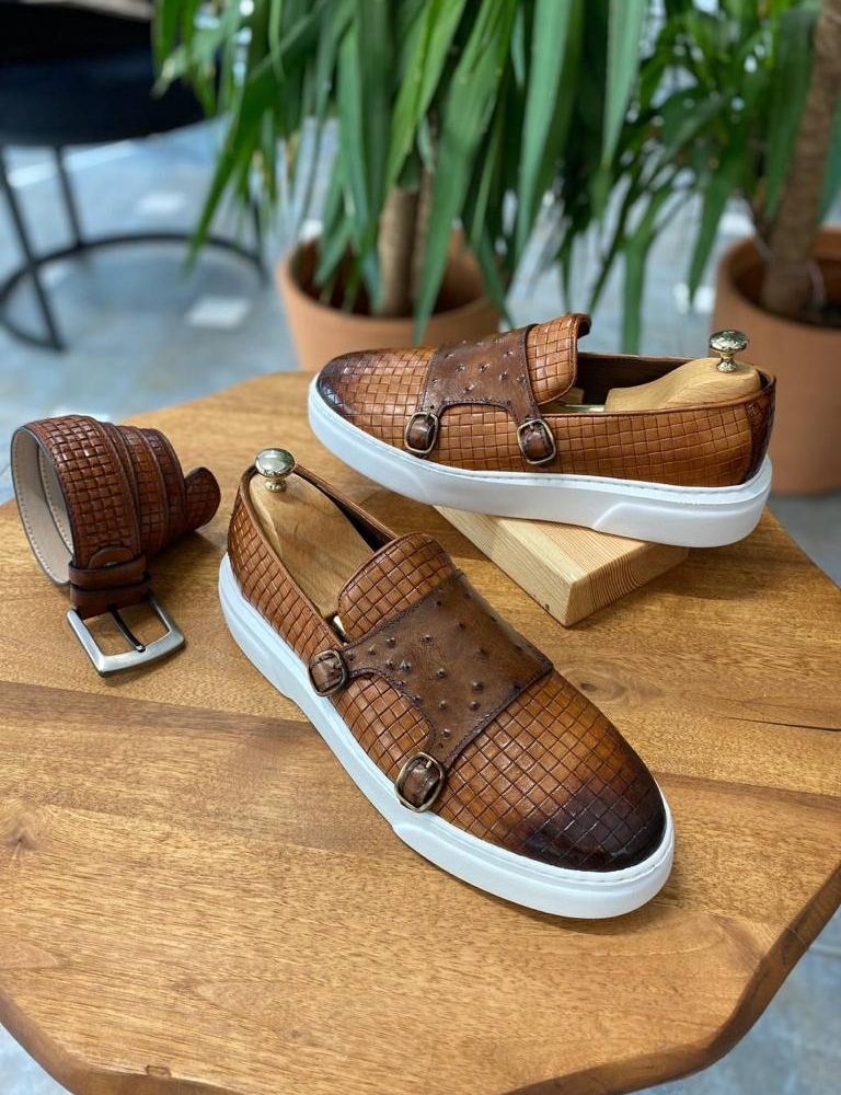 Tan Woven Leather Monk Strap Loafers for Men by Gentwith.com with Free Worldwide Shipping