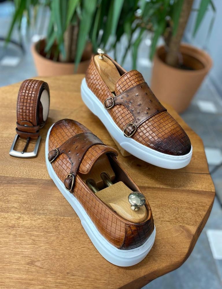 Tan Woven Leather Monk Strap Loafers for Men by Gentwith.com with Free Worldwide Shipping