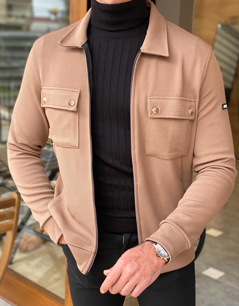 Beige Slim Fit Double Pocket Jacket for Men by Gentwith.com with Free Worldwide Shipping