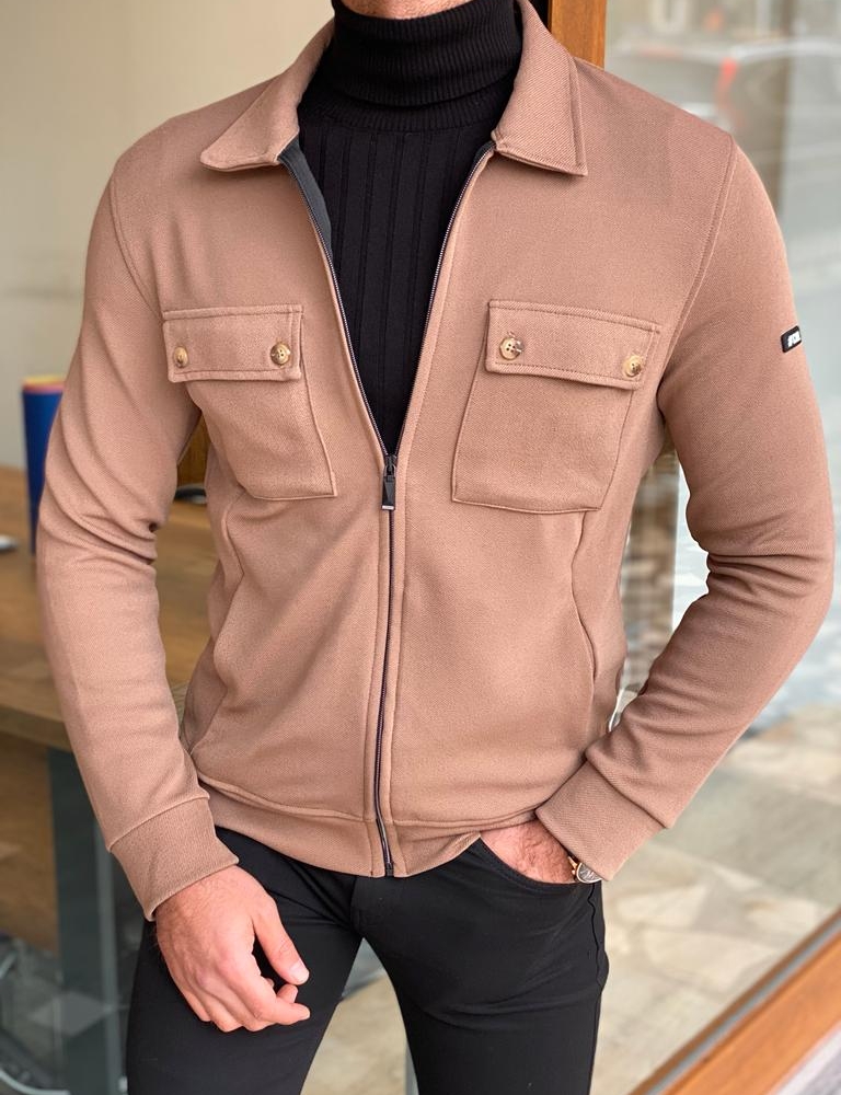 Beige Slim Fit Double Pocket Jacket for Men by Gentwith.com with Free Worldwide Shipping