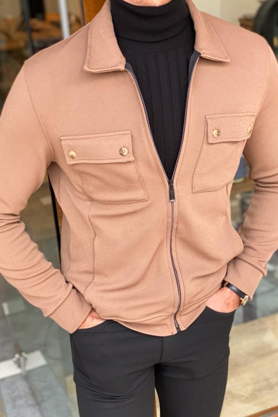 Beige Slim Fit Double Pocket Jacket for Men by Gentwith.com with Free Worldwide Shipping