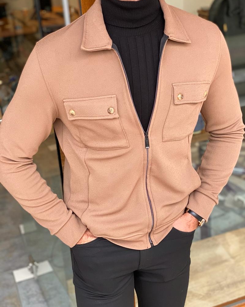 Beige Slim Fit Double Pocket Jacket for Men by Gentwith.com with Free Worldwide Shipping