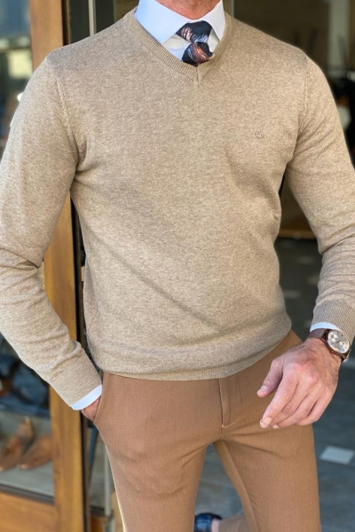 Beige Slim Fit V-Neck Sweater for Men by Gentwith.com with Free Worldwide Shipping