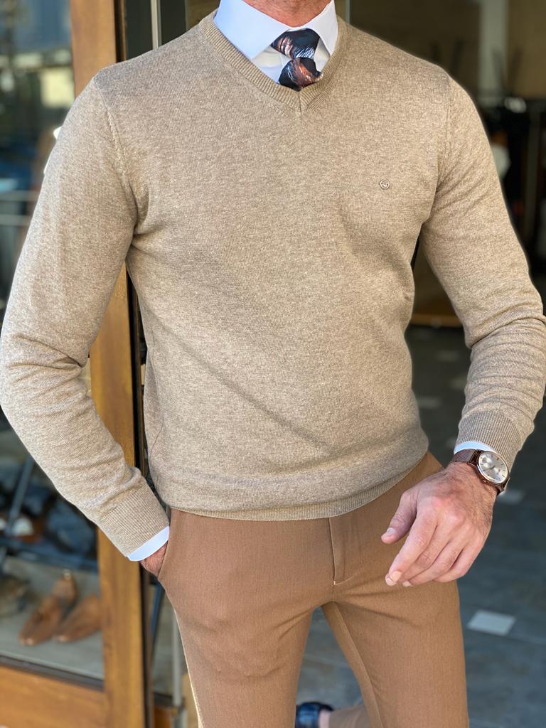 Beige Slim Fit V-Neck Sweater by