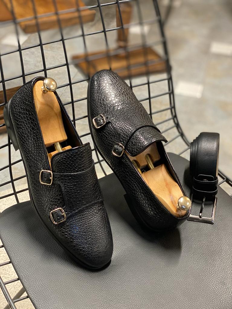 GentWith Empire Black Double Monk Strap Shoes 