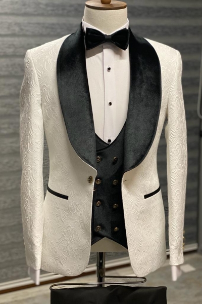 Black & White Slim Fit Velvet Shawl Lapel Wool Tuxedo for Men by Gentwith.com with Free Worldwide Shipping