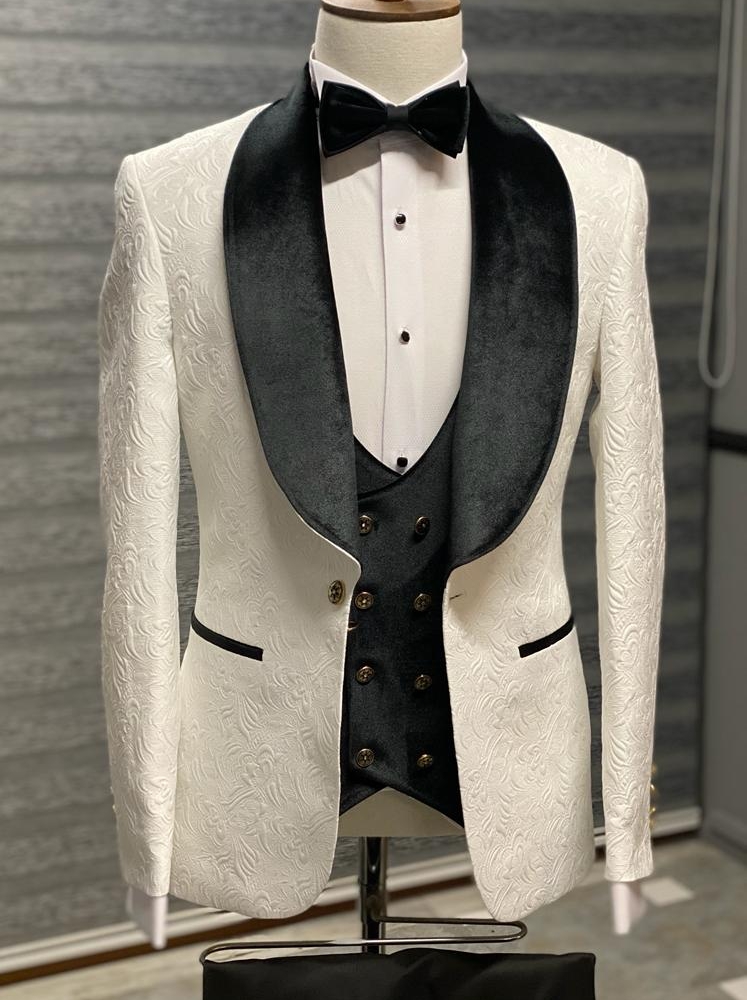 Black & White Slim Fit Velvet Shawl Lapel Wool Tuxedo for Men by Gentwith.com with Free Worldwide Shipping