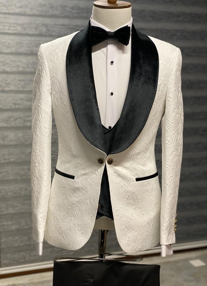 Black & White Slim Fit Velvet Shawl Lapel Wool Tuxedo for Men by Gentwith.com with Free Worldwide Shipping