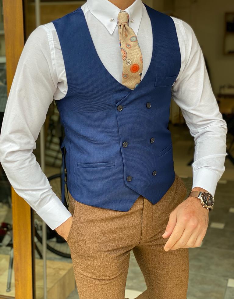 Blue Slim Fit Double Breasted Vest for Men by GentWith.com
