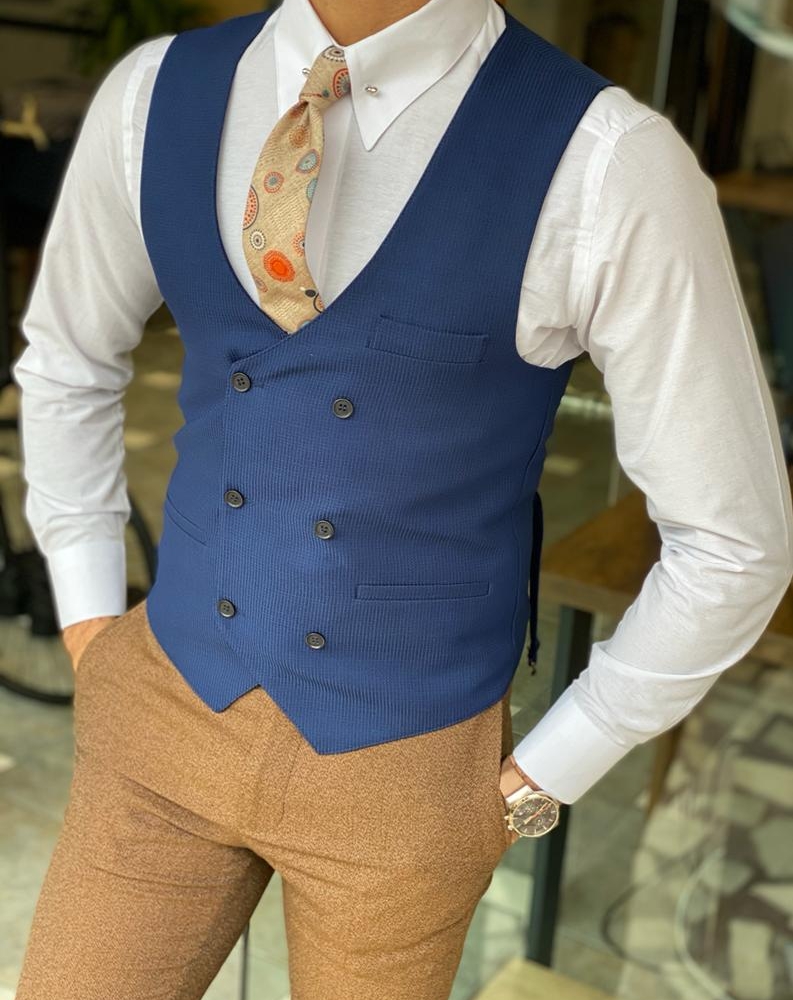 Blue Slim Fit Double Breasted Vest for Men by Gentwith.com with Free Worldwide Shipping