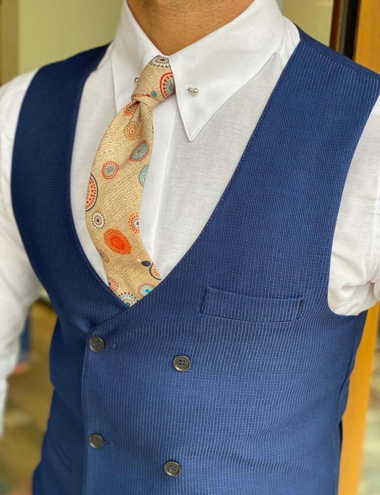 Blue Slim Fit Double Breasted Vest for Men by Gentwith.com with Free Worldwide Shipping