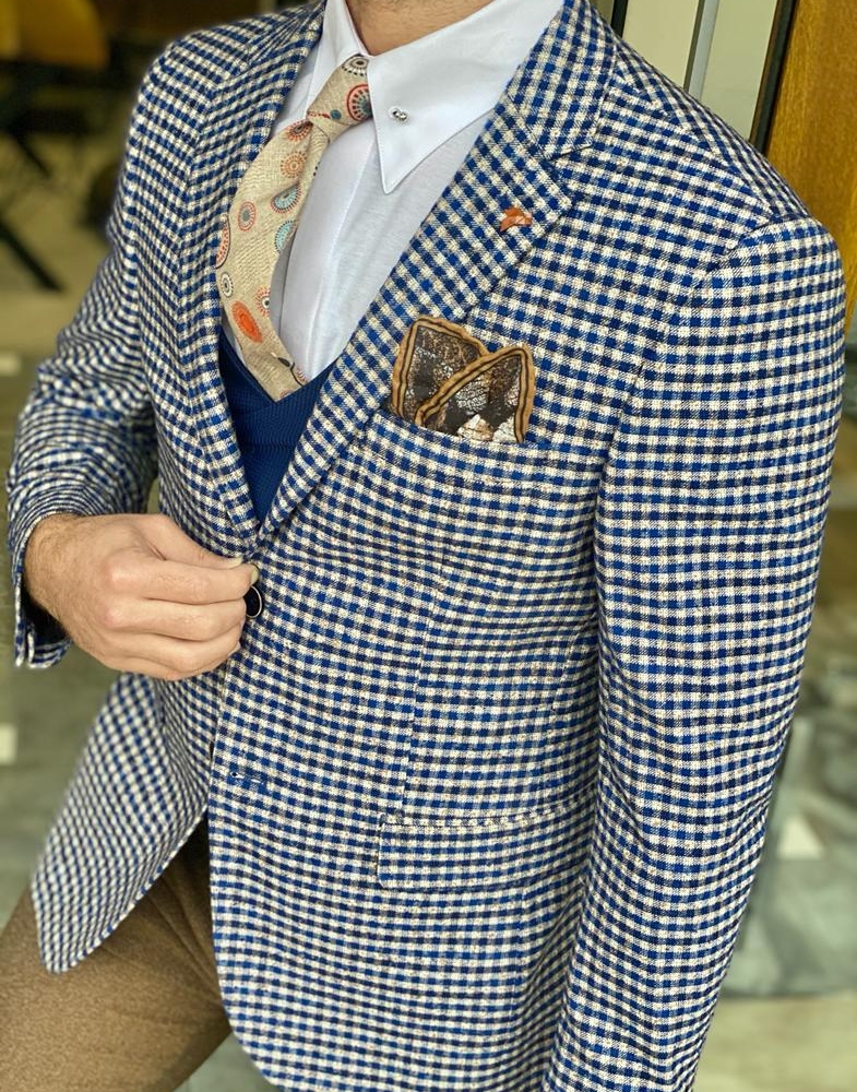 Blue Slim Fit Gingham Wool Blazer for Men by Gentwith.com with Free Worldwide Shipping