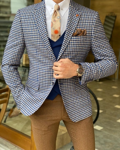 Blue Slim Fit Gingham Wool Blazer for Men by Gentwith.com with Free Worldwide Shipping